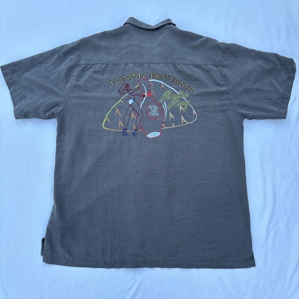 Tommy Bahama Shirt Mens L Silk Gray Paradise Pinup Bowl Me Over Bowling Camp